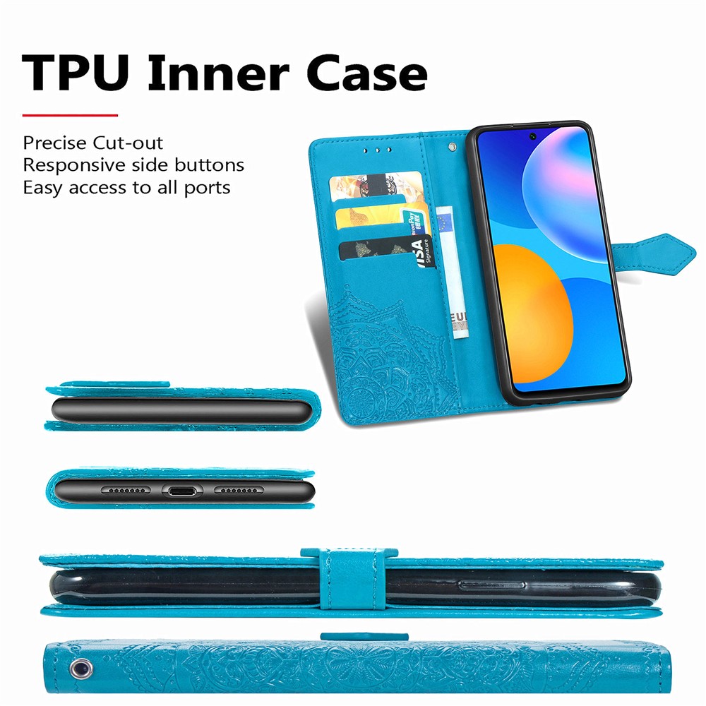 Embossed Mandala Flower Leather Case with Wallet Stand for Huawei P smart 2021 / Y7a - Blue-12