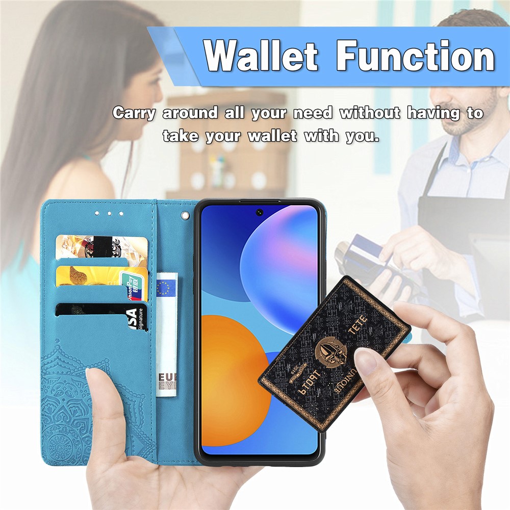 Embossed Mandala Flower Leather Case with Wallet Stand for Huawei P smart 2021 / Y7a - Blue-13