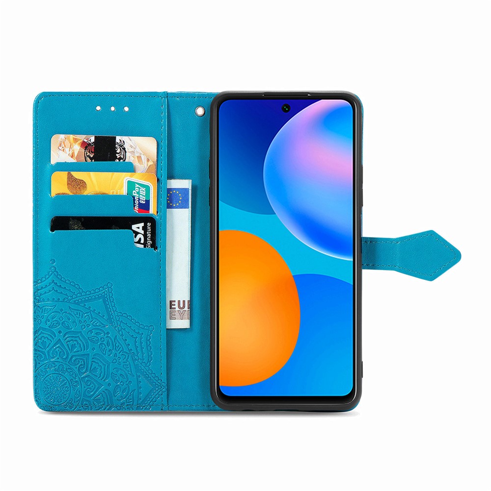 Geprägte Mandala Blumenlederhülle Mit Brieftasche Für Huawei P Smart 2021 / Y7a - Blau-7