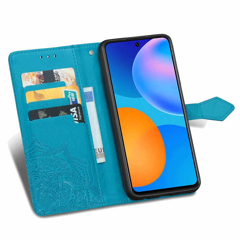 Embossed Mandala Flower Leather Case with Wallet Stand for Huawei P smart 2021 / Y7a - Blue-9