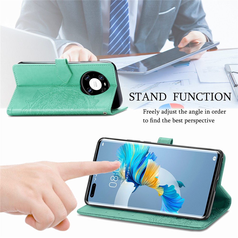 Embossed Mandala Flower PU Leather Case Wallet for Huawei Mate 40 Pro - Green-10