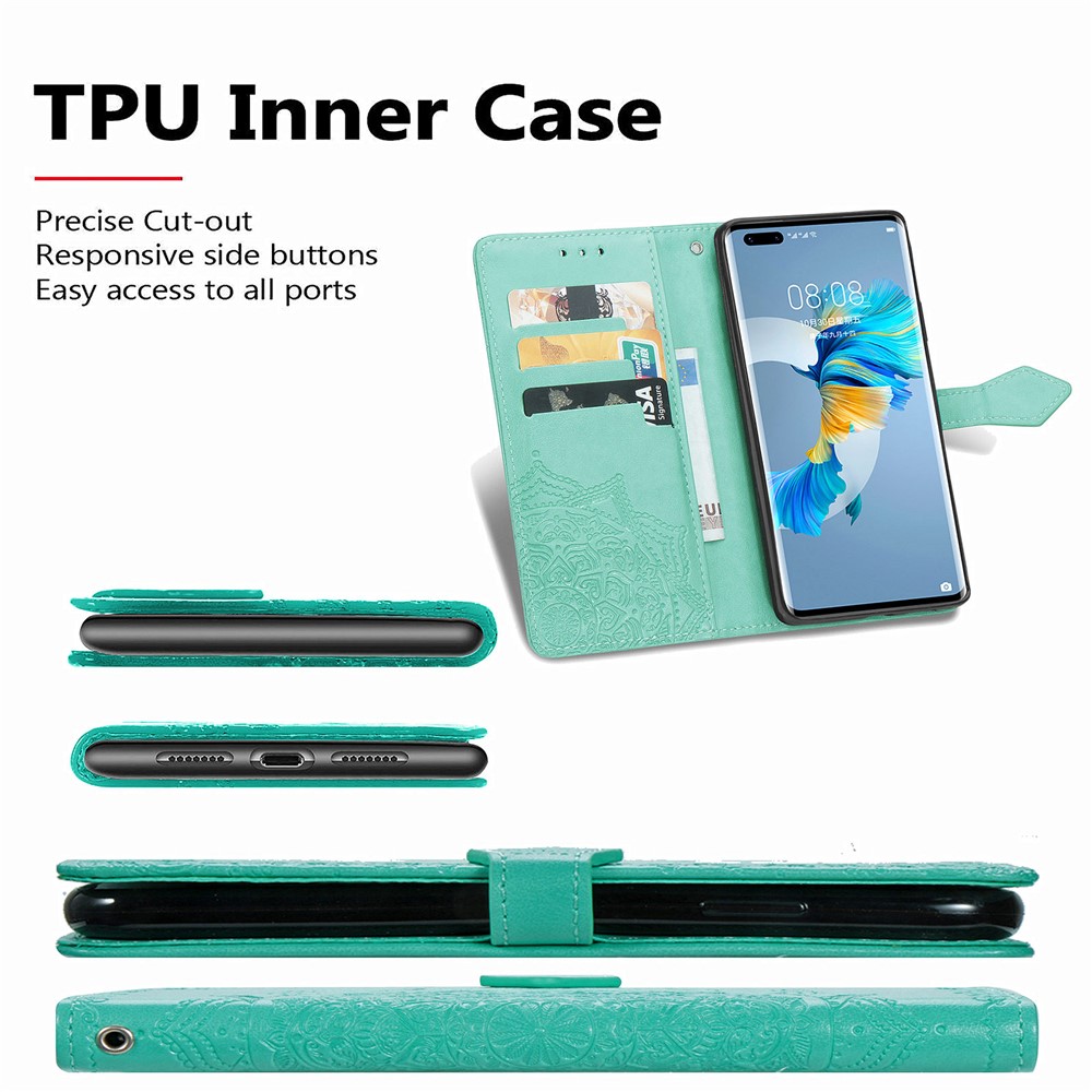 Embossed Mandala Flower PU Leather Case Wallet for Huawei Mate 40 Pro - Green-11