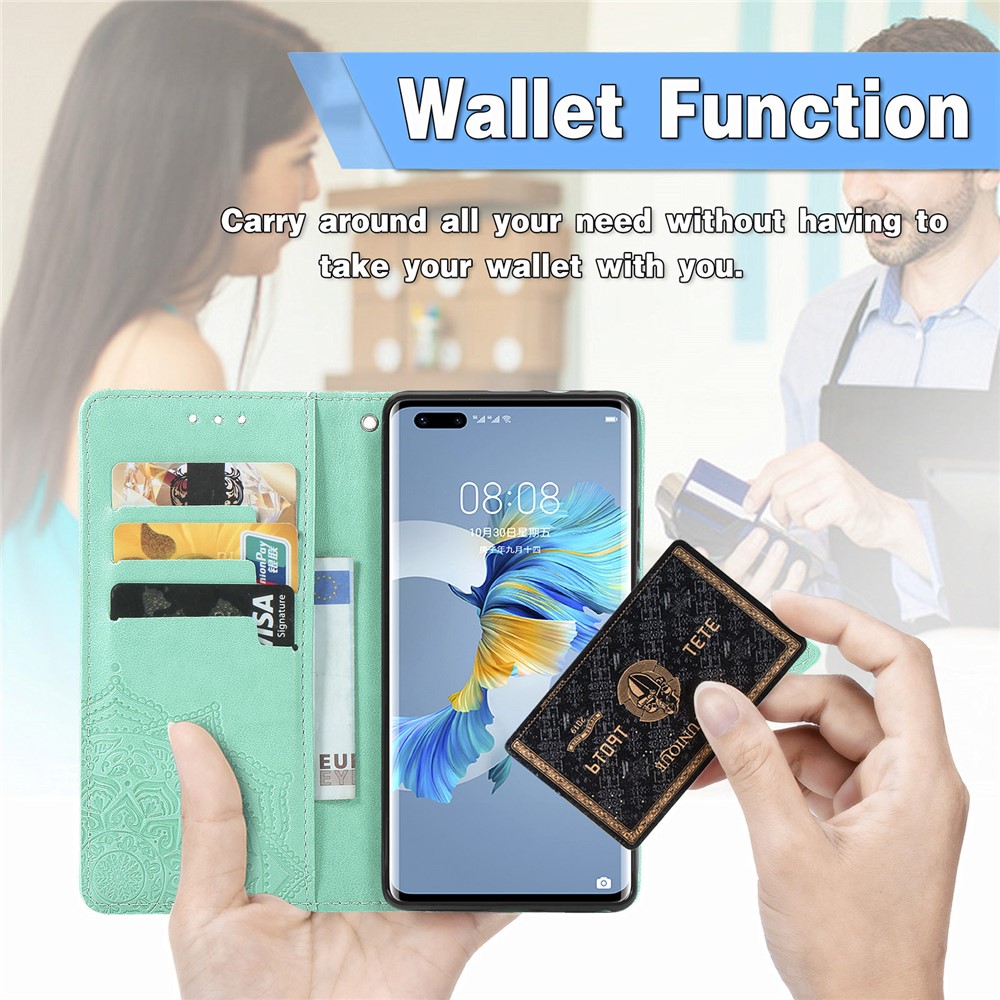 Embossed Mandala Flower PU Leather Case Wallet for Huawei Mate 40 Pro - Green-12