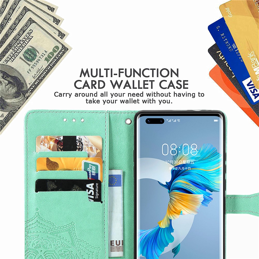 Embossed Mandala Flower PU Leather Case Wallet for Huawei Mate 40 Pro - Green-15