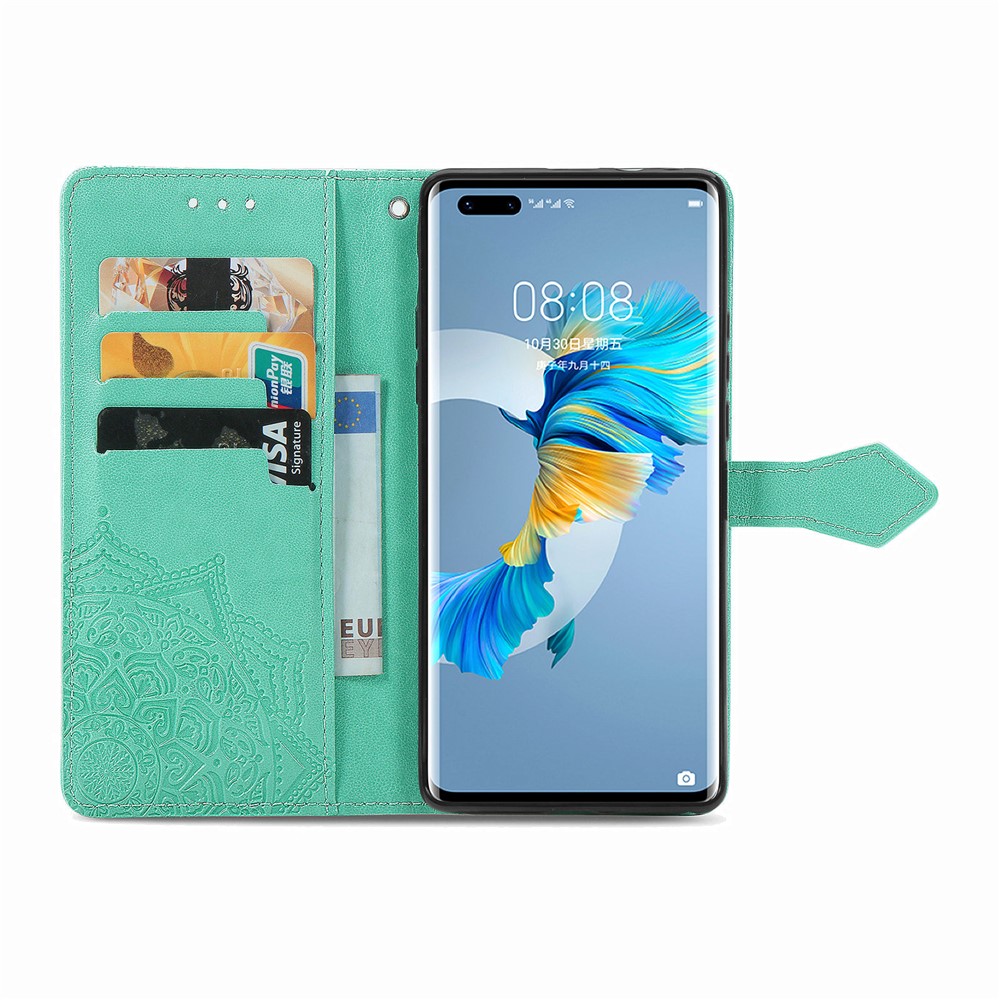 Embossed Mandala Flower PU Leather Case Wallet for Huawei Mate 40 Pro - Green-5