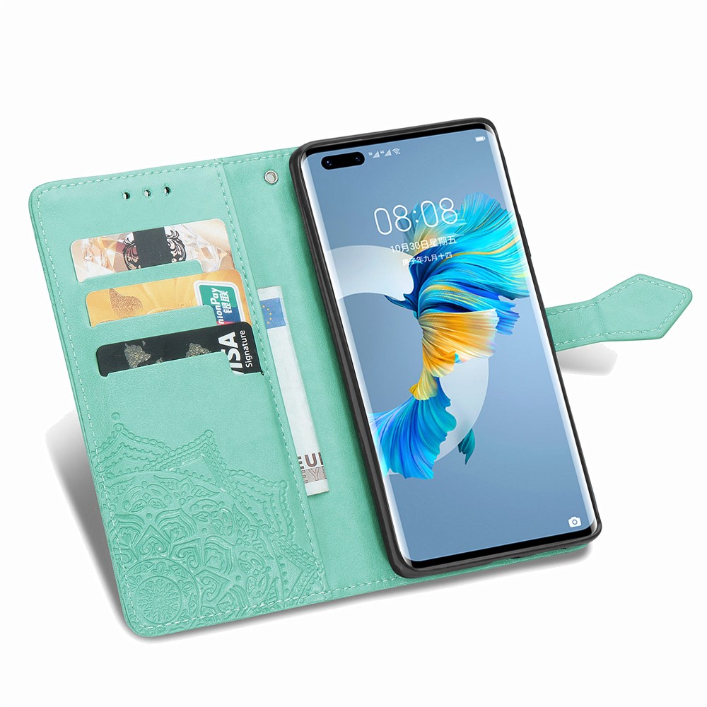 Embossed Mandala Flower PU Leather Case Wallet for Huawei Mate 40 Pro - Green-8