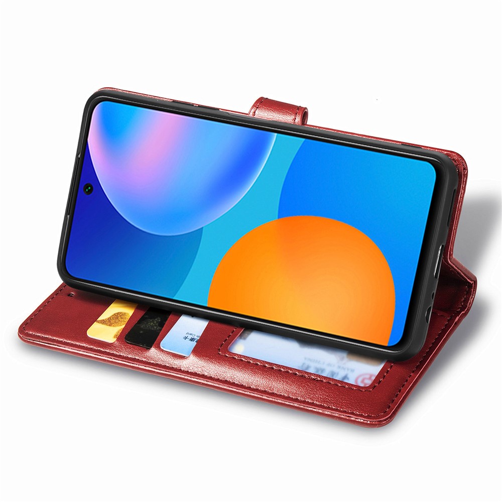 Solid Color Wallet Stand Leather Phone Shell for Huawei P smart 2021 / Huawei Y7a - Red-7