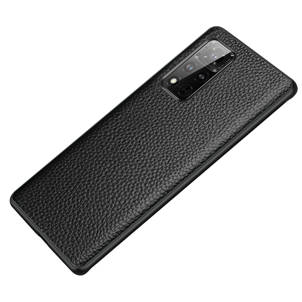 Litchi Texture Genuine Leather Skin Electroplating PC TPU Phone Cover for Honor V40 5G - Black-1