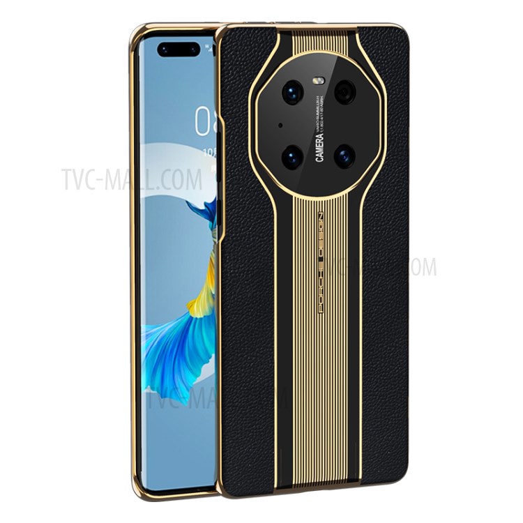Electroplating Genuine Leather Skin Protector Cover for Huawei Mate 40 - Black