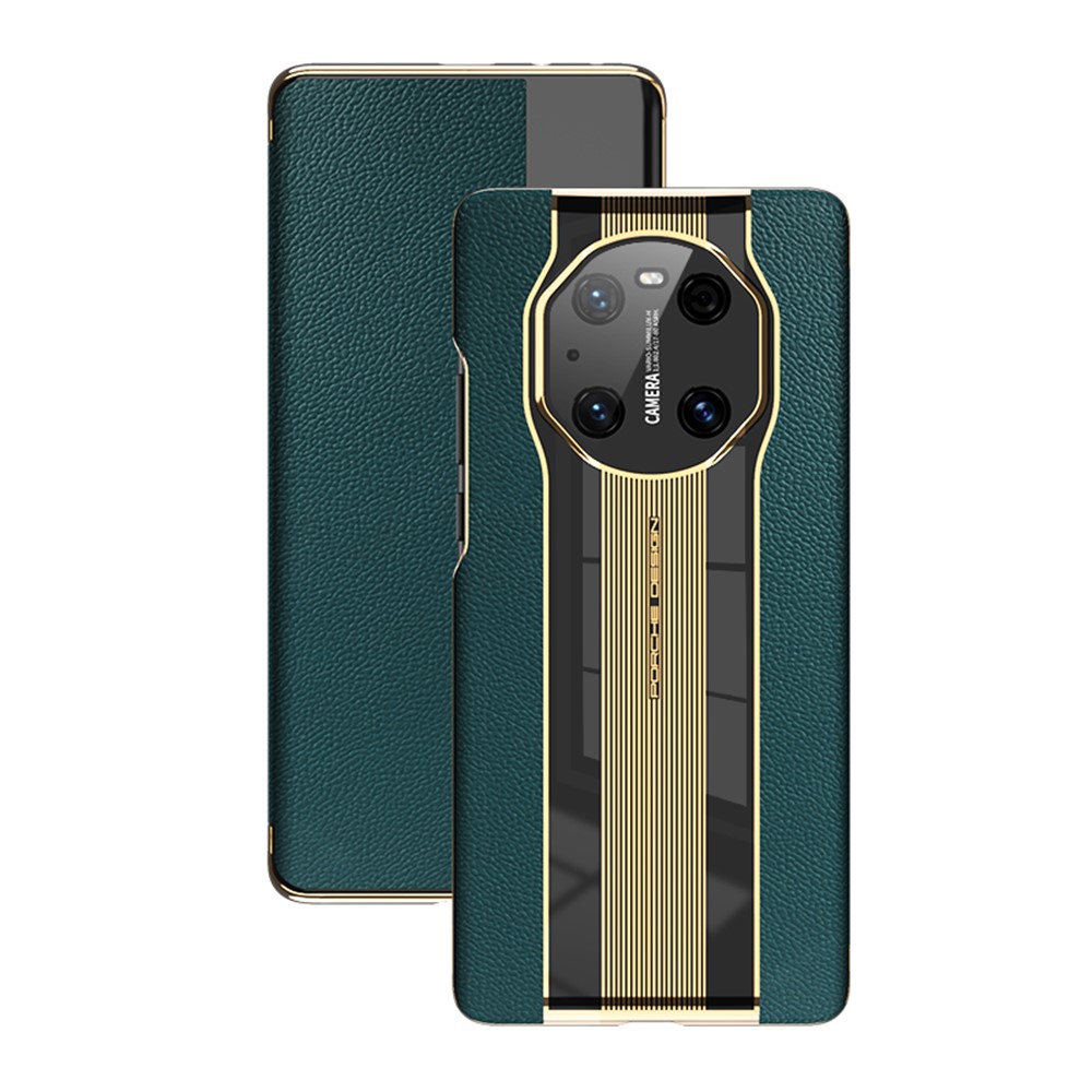 Electroplating Design View Window Genuine Leather Smart Phone Case for Huawei Mate 40 - Green