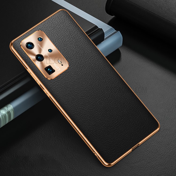 Electroplating Lens Protector Genuine Leather TPU Cover for Huawei P40 Pro+ - Black-1
