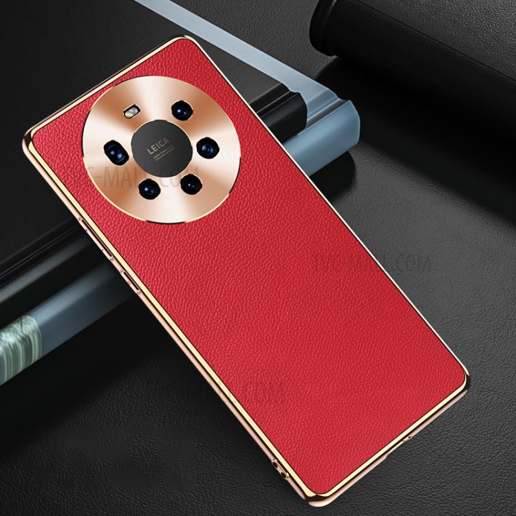 Electroplating Lens Guard Genuine Leather TPU Case for Huawei Mate 40 Pro Plus Cover - Red-1