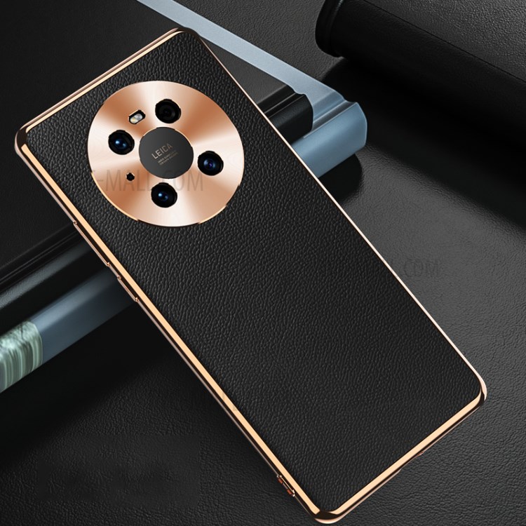 Genuine Leather Coated TPU Hybrid Case with Electroplating Lens Guard for Huawei Mate 40 - Black-1