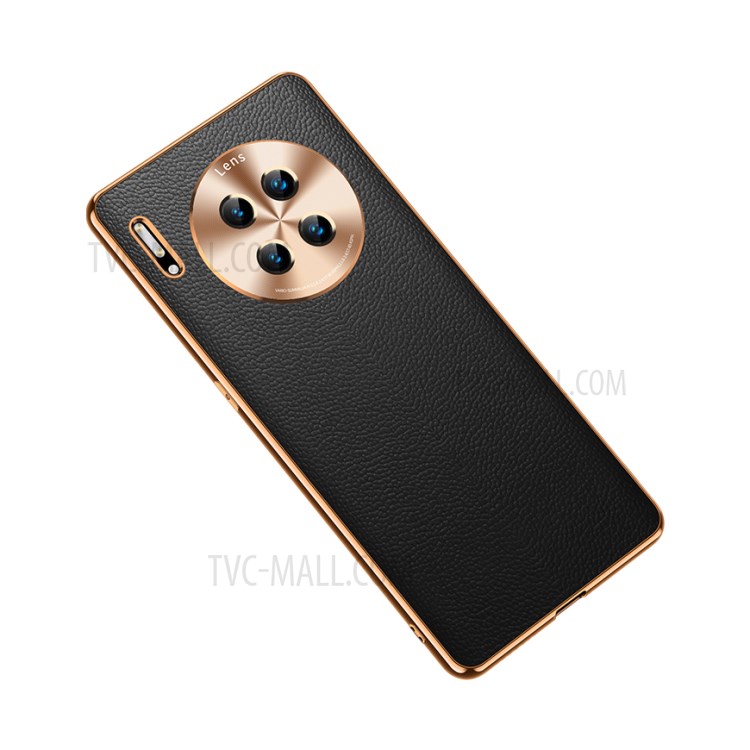 Electroplating CD Lens Covering Genuine Leather TPU Protective Shell for Huawei Mate 30 Pro - Black