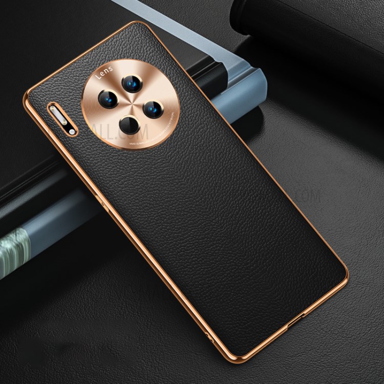 Electroplating CD Lens Covering Genuine Leather TPU Protective Shell for Huawei Mate 30 - Black-1
