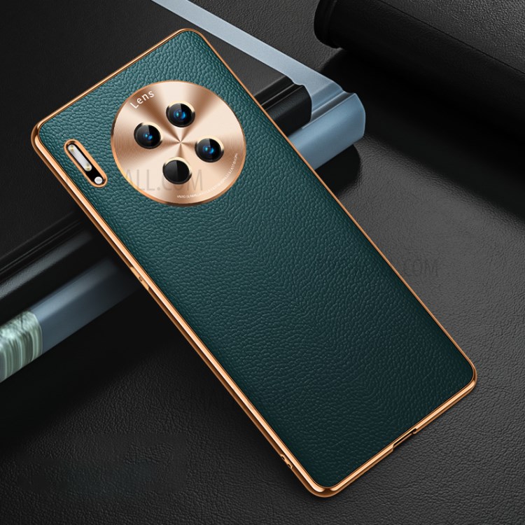 Electroplating CD Lens Covering Genuine Leather TPU Protective Shell for Huawei Mate 30 - Green-1
