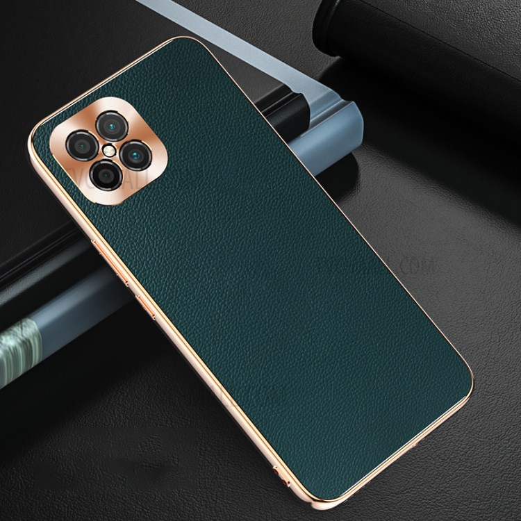 Litchi Genuine Leather Coated TPU Hybrid Case with Electroplating Lens Rounded Guard for Huawei nova 8 SE - Green-1
