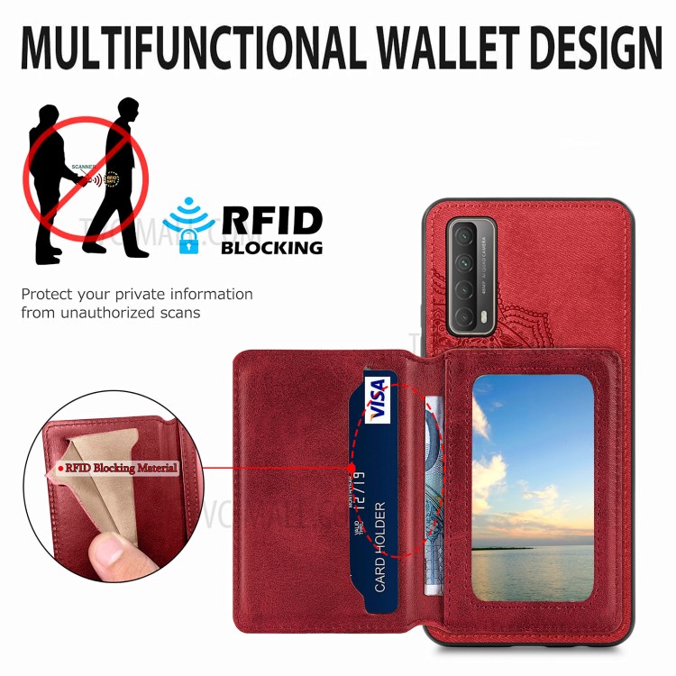 Mandala Flower Pattern PU Leather+TPU Flip Wallet Phone Case for Huawei P smart 2021 / Y7a - Red-7
