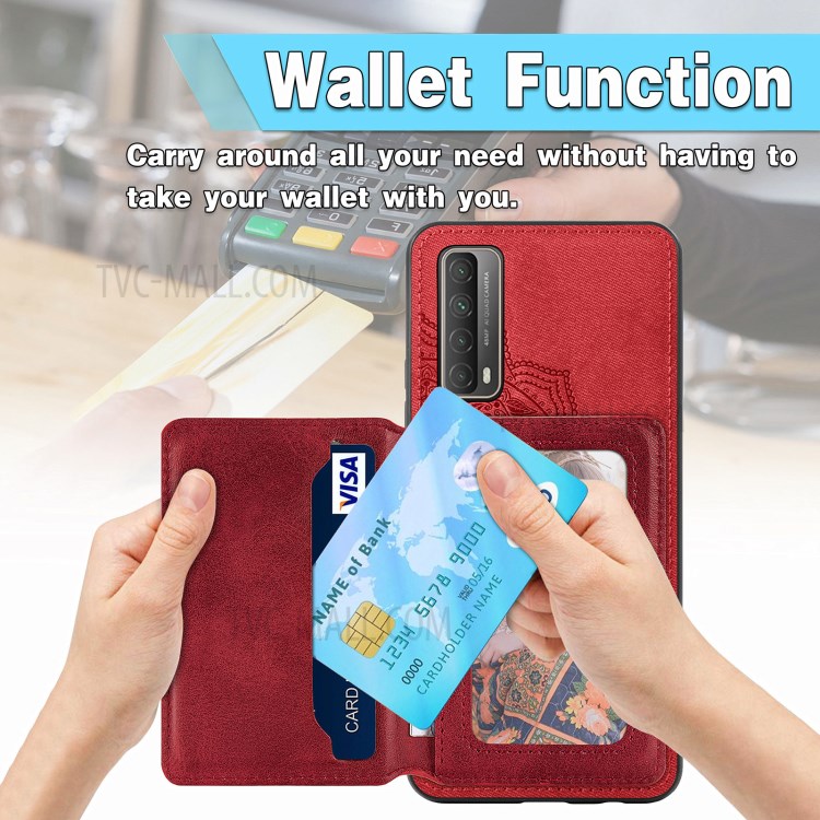 Mandala Flower Pattern PU Leather+TPU Flip Wallet Phone Case for Huawei P smart 2021 / Y7a - Red-8