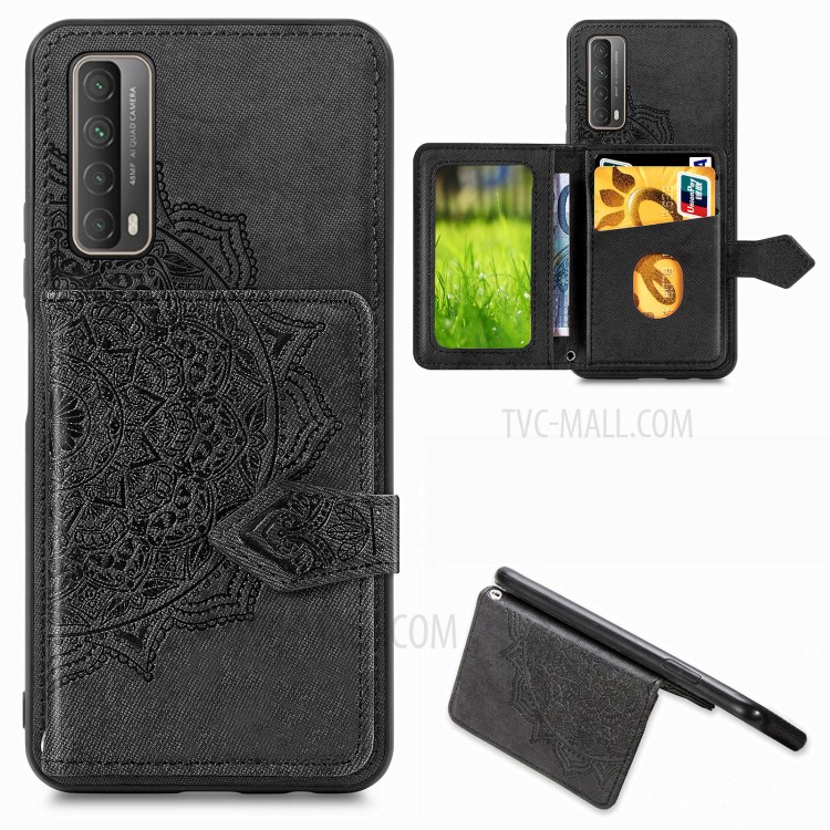 Card Slot Design Mandala Pattern Imprinting PU Leather Coated TPU Phone Case for Huawei P smart 2021 - Black-1