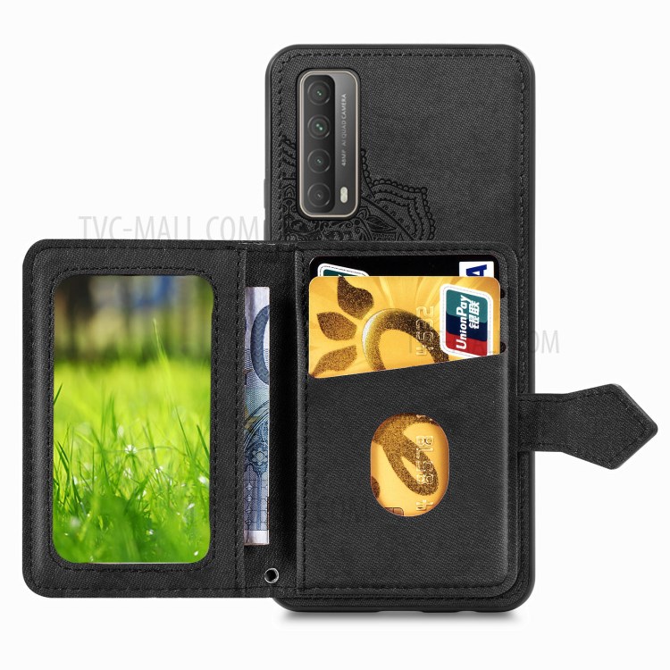 Card Slot Design Mandala Pattern Imprinting PU Leather Coated TPU Phone Case for Huawei P smart 2021 - Black-3