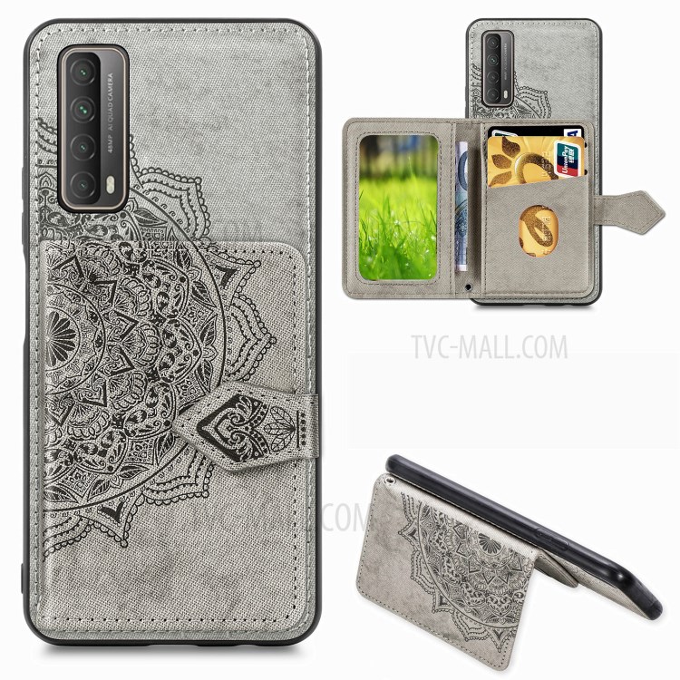 Card Slot Design Mandala Pattern Imprinting PU Leather Coated TPU Phone Case for Huawei P smart 2021 - Grey-1