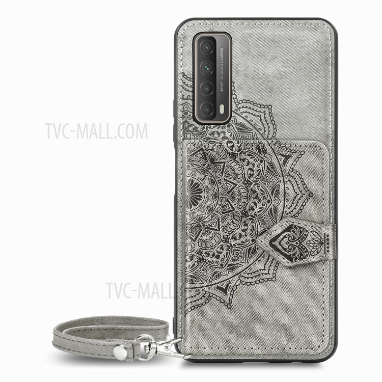 Card Slot Design Mandala Pattern Imprinting PU Leather Coated TPU Phone Case for Huawei P smart 2021 - Grey-2