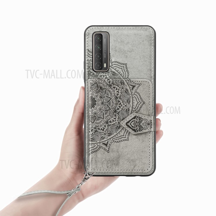 Card Slot Design Mandala Pattern Imprinting PU Leather Coated TPU Phone Case for Huawei P smart 2021 - Grey-7
