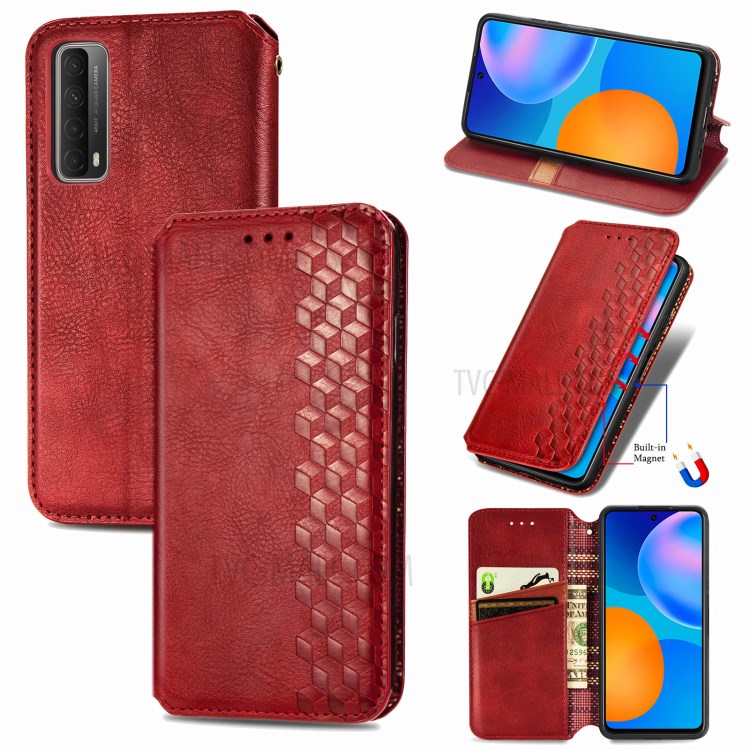 Fashionable Auto-absorbed Rhombus Texture PU Leather Wallet Phone Cover for Huawei P smart 2021 / Y7a - Red-1