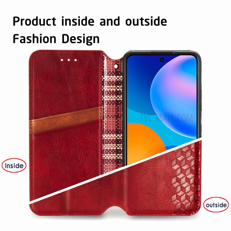 Fashionable Auto-absorbed Rhombus Texture PU Leather Wallet Phone Cover for Huawei P smart 2021 / Y7a - Red-12