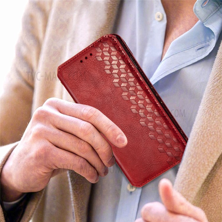 Fashionable Auto-absorbed Rhombus Texture PU Leather Wallet Phone Cover for Huawei P smart 2021 / Y7a - Red-13