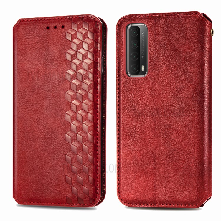 Fashionable Auto-absorbed Rhombus Texture PU Leather Wallet Phone Cover for Huawei P smart 2021 / Y7a - Red-2