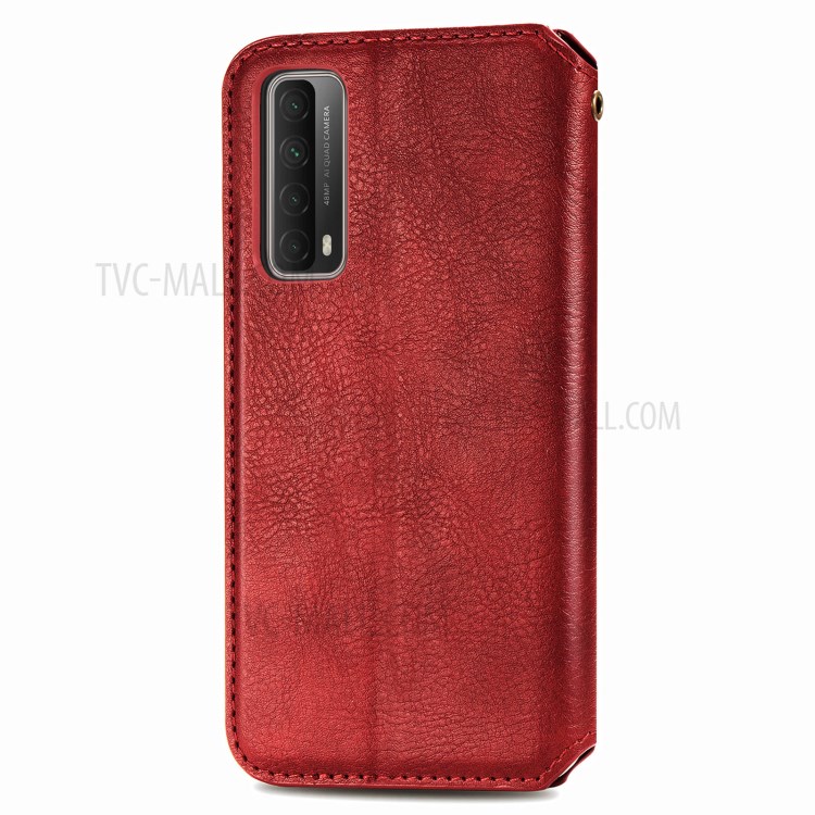 Fashionable Auto-absorbed Rhombus Texture PU Leather Wallet Phone Cover for Huawei P smart 2021 / Y7a - Red-5