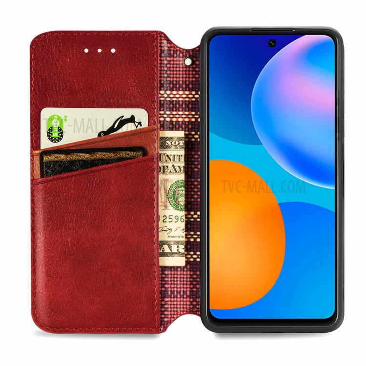 Fashionable Auto-absorbed Rhombus Texture PU Leather Wallet Phone Cover for Huawei P smart 2021 / Y7a - Red-6
