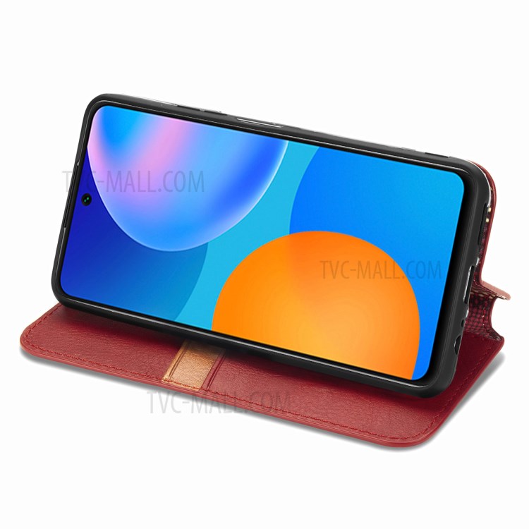 Fashionable Auto-absorbed Rhombus Texture PU Leather Wallet Phone Cover for Huawei P smart 2021 / Y7a - Red-8