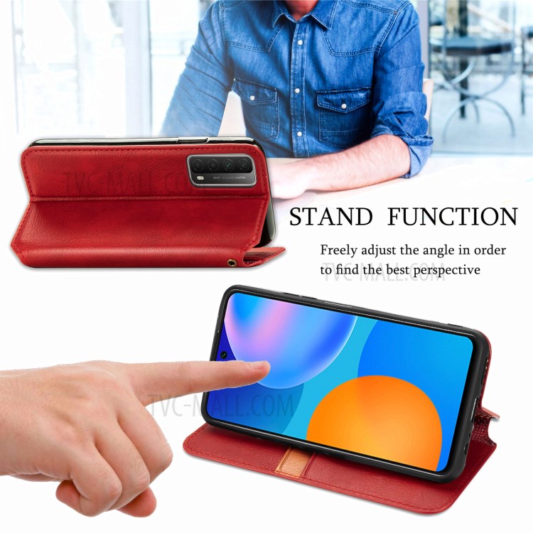 Fashionable Auto-absorbed Rhombus Texture PU Leather Wallet Phone Cover for Huawei P smart 2021 / Y7a - Red-9