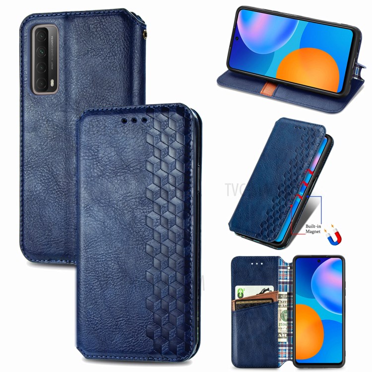 Fashionable Auto-absorbed Rhombus Texture PU Leather Wallet Phone Cover for Huawei P smart 2021 / Y7a - Blue-1