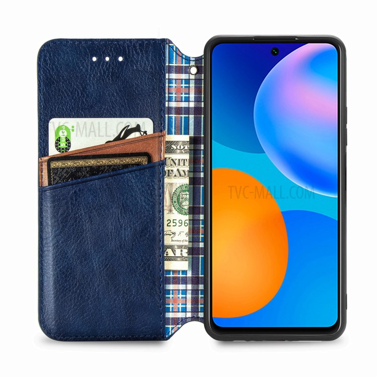 Fashionable Auto-absorbed Rhombus Texture PU Leather Wallet Phone Cover for Huawei P smart 2021 / Y7a - Blue-5