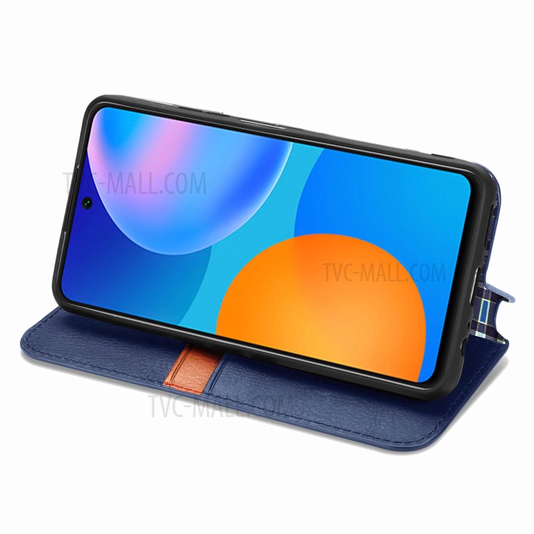 Fashionable Auto-absorbed Rhombus Texture PU Leather Wallet Phone Cover for Huawei P smart 2021 / Y7a - Blue-7