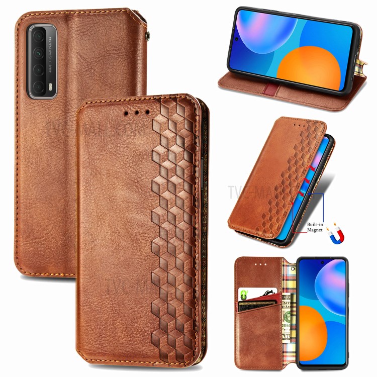 Fashionable Auto-absorbed Rhombus Texture PU Leather Wallet Phone Cover for Huawei P smart 2021 / Y7a - Brown-1
