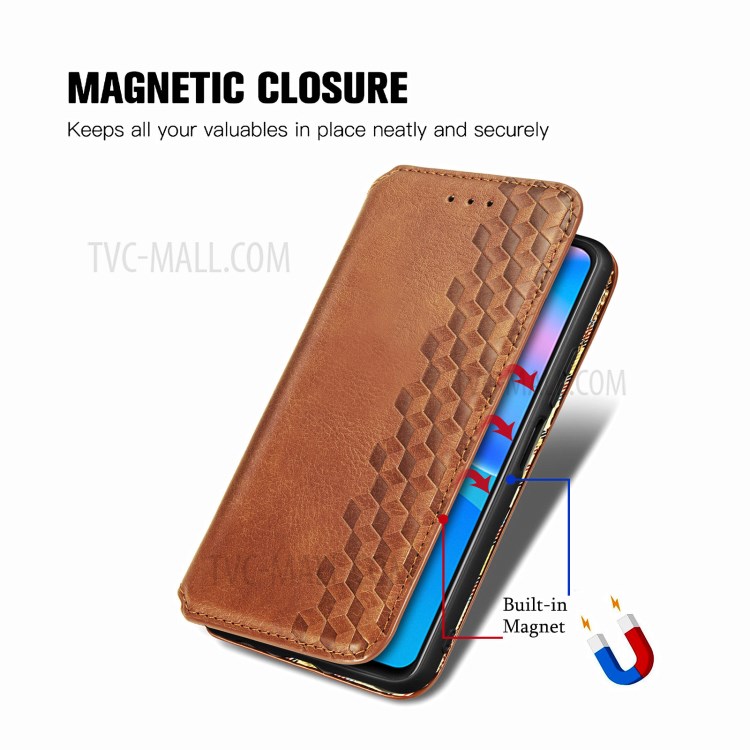 Fashionable Auto-absorbed Rhombus Texture PU Leather Wallet Phone Cover for Huawei P smart 2021 / Y7a - Brown-10
