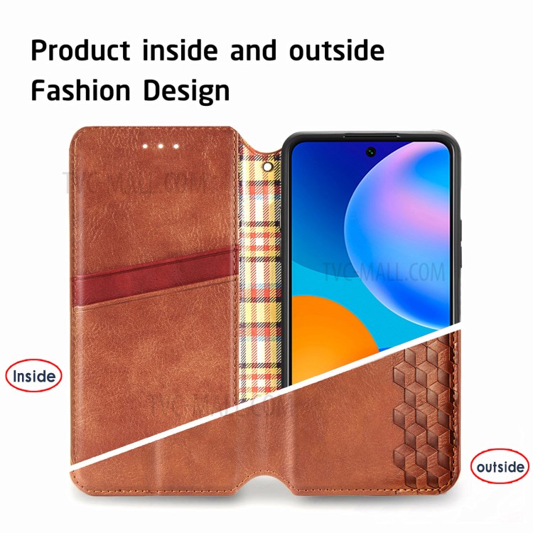 Fashionable Auto-absorbed Rhombus Texture PU Leather Wallet Phone Cover for Huawei P smart 2021 / Y7a - Brown-11