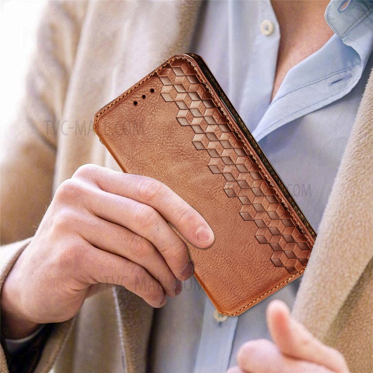 Fashionable Auto-absorbed Rhombus Texture PU Leather Wallet Phone Cover for Huawei P smart 2021 / Y7a - Brown-12