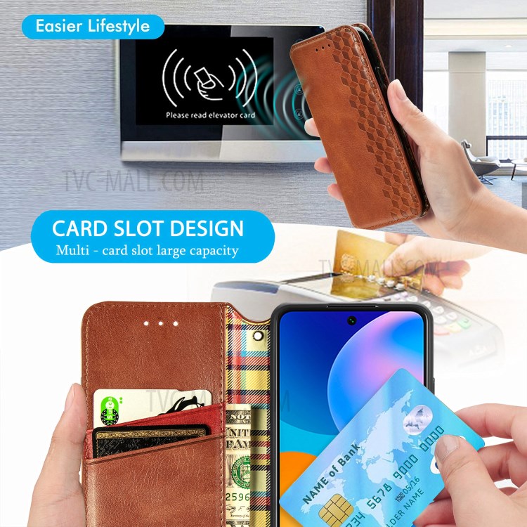 Fashionable Auto-absorbed Rhombus Texture PU Leather Wallet Phone Cover for Huawei P smart 2021 / Y7a - Brown-14