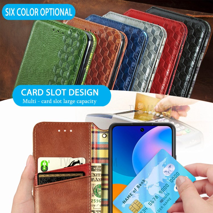 Fashionable Auto-absorbed Rhombus Texture PU Leather Wallet Phone Cover for Huawei P smart 2021 / Y7a - Brown-15