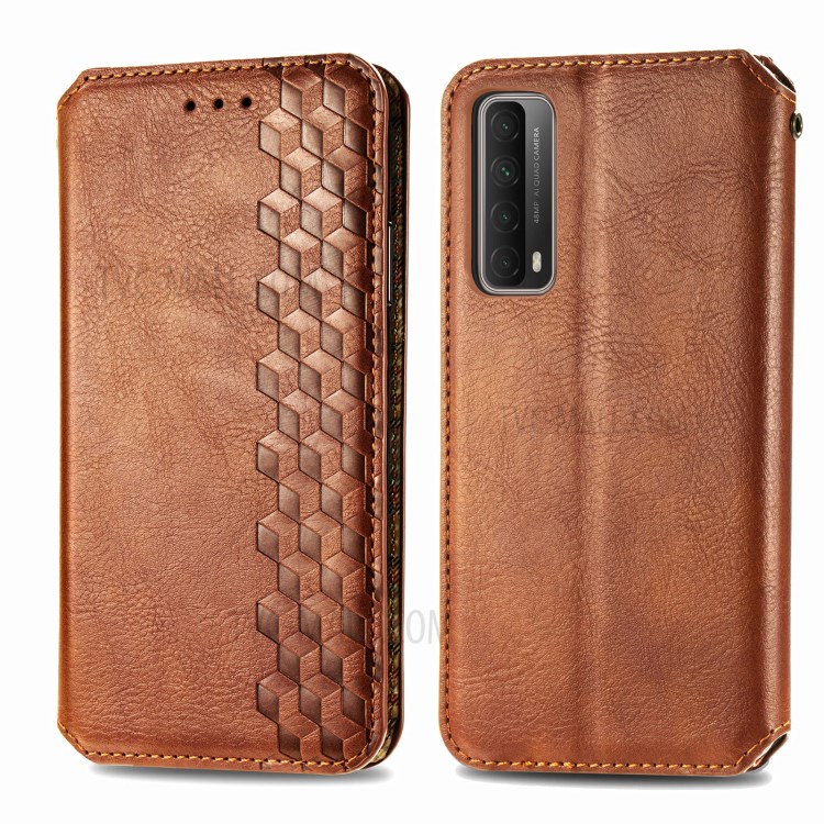 Fashionable Auto-absorbed Rhombus Texture PU Leather Wallet Phone Cover for Huawei P smart 2021 / Y7a - Brown-2