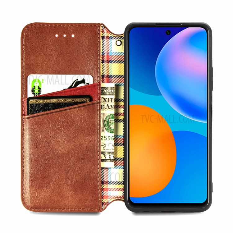 Fashionable Auto-absorbed Rhombus Texture PU Leather Wallet Phone Cover for Huawei P smart 2021 / Y7a - Brown-5