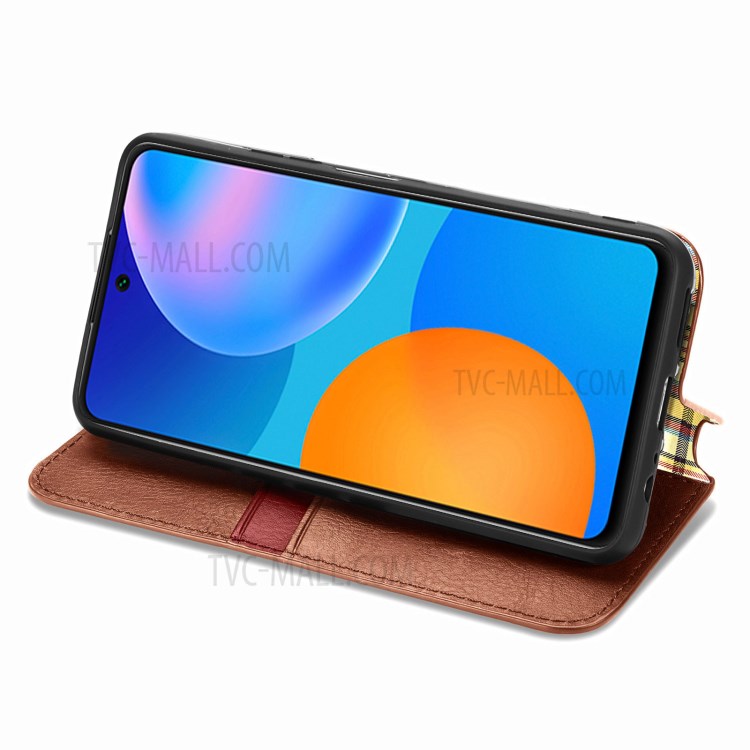 Fashionable Auto-absorbed Rhombus Texture PU Leather Wallet Phone Cover for Huawei P smart 2021 / Y7a - Brown-7