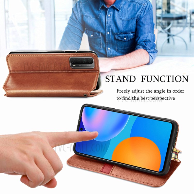 Fashionable Auto-absorbed Rhombus Texture PU Leather Wallet Phone Cover for Huawei P smart 2021 / Y7a - Brown-8