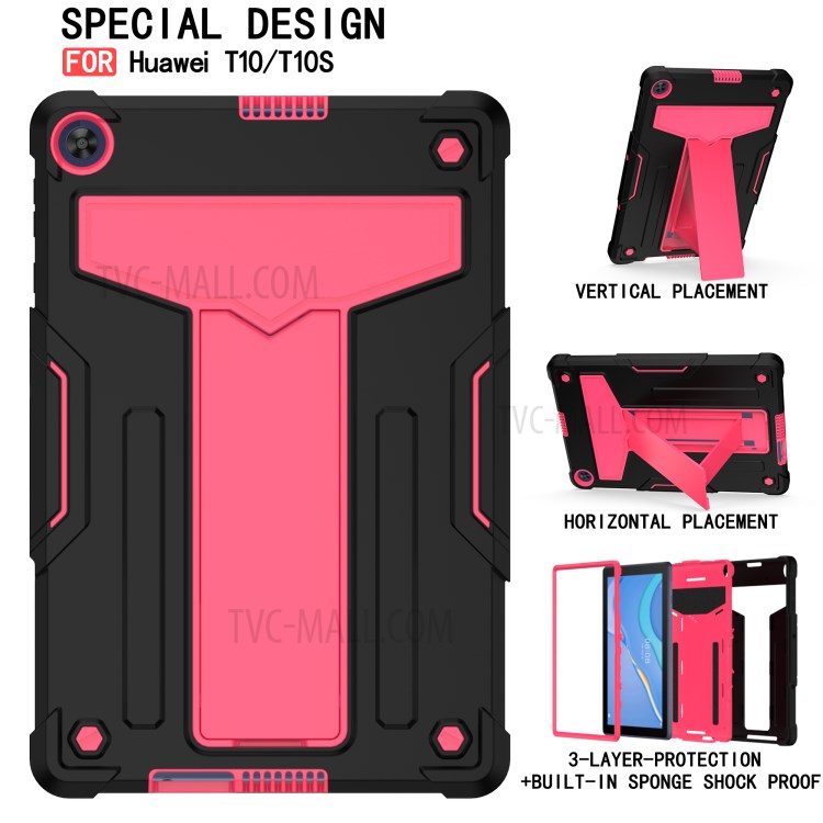 Foldable T-shaped Kickstand Anti-dust PC Silicone Protector Cover for Huawei MatePad T10S - Black/Red-2